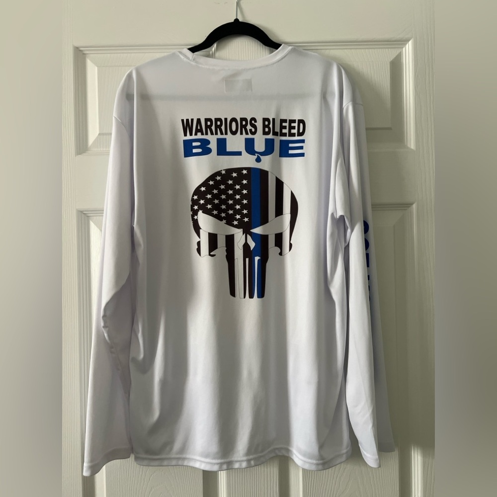 A4 White Long Sleeve Performance Shirt Warriors Bleed Blue Skull Graphic Size L - Picture 3 of 3